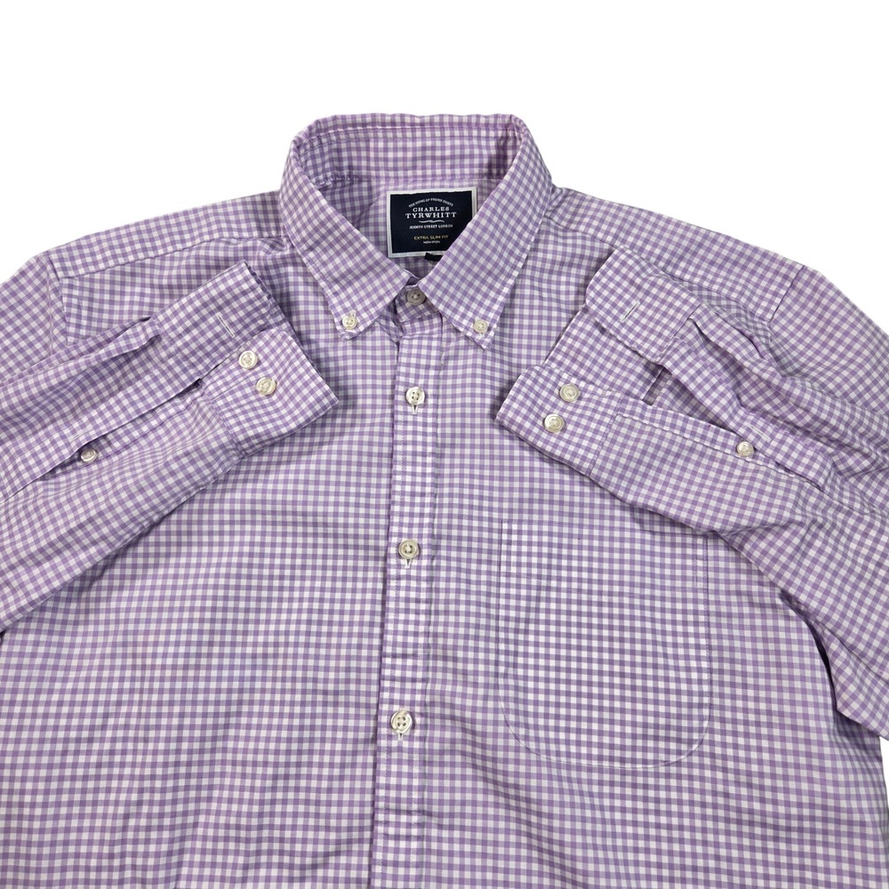 Charles Tyrwhitt Shirt Mens Large Purple White Extra Slim Fit Gingham Non-Iron